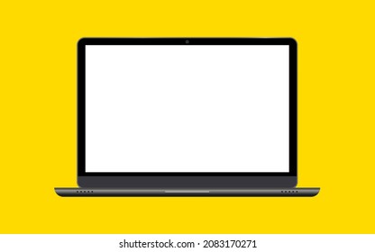 Computer notebook with empty screen. Realistic laptop incline 90 degree isolated on yellow background.