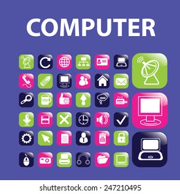 computer, notebook, sattelite, media, glossy buttons, icons, signs, illustrations set, vector