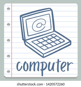 Computer Notebook School Objects. Teacher Learning Doodle. Icon Symbol Sketch. Line Hand Drawn Art.