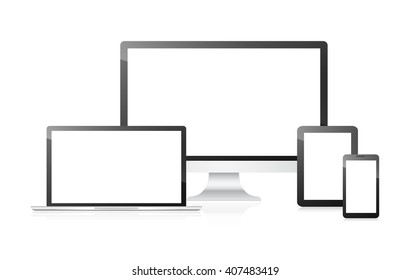 Computer, notebook, tablet and phone. Set of technological devices.