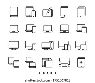 Computer, notebook, tablet and smartphone device line icon set vector