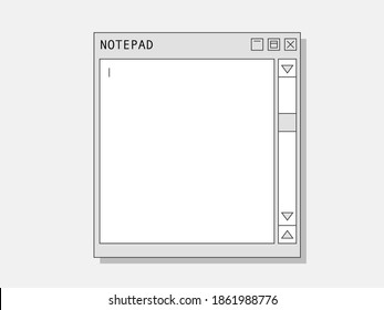 Computer-Notizblock. Retro Web-Notebook für Noten und Text-Blanken-Bildschirm mit Scroll-Kursors benutzerfreundliche alte Schnittstelle informative Vektorgrafik und Grafik-Zeichnung.