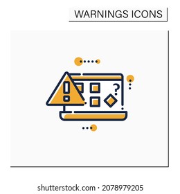 Computer notification color icon. Unfamiliar icons displayed on desktop. Incorrect signs. Home screen breakdown. Exclamation pointer. Warnings concept.Isolated vector illustration