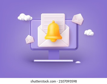 Computer With Notifications. Reminder Design Mockup. Email Marketing, Online Advertising Concept. 3D Web Vector Illustrations.