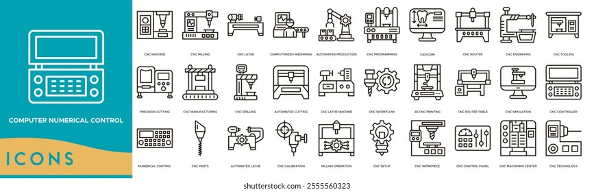 Computer Numerical Control icon. CNC Machine, CNC Milling, CNC Lathe, Computerized Machining and Automated Production