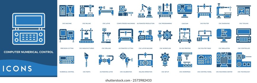 Computer Numerical Control icon. CNC Machine, CNC Milling, CNC Lathe, Computerized Machining and Automated Production