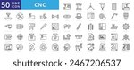 Computer numerical control icon set with machine tool, axis, spindle, path, workpiece, feed rate and cutting speed.
