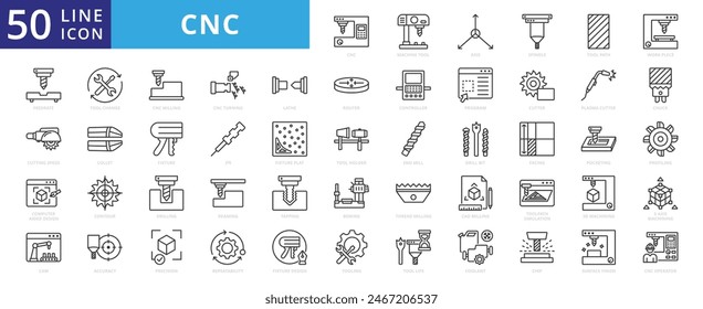 Computer numerical control icon set with machine tool, axis, spindle, path, workpiece, feed rate and cutting speed.