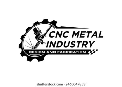 Diseño del logotipo del CNC de la máquina de control numérico de la computadora, industria del trabajo del metal con el engranaje y la ilustración de la soldadura ligera de la chispa.