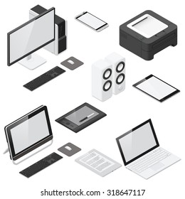 Computer and office devices detailed isometric icon set vector graphic illustration