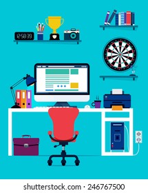 Computer and office equipment with a blue background.