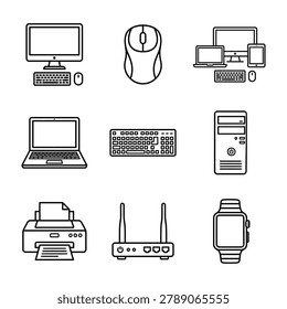 Computer and office hardware line icons set including laptops desktop p cs and network peripherals with computer keyboard technology hardware
