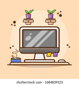 Computer Office On Table Vector Illustration. Computer Setup Show Off, Coffee, Plant, and Office Icon Concept. Flat Cartoon Style Suitable for Sticker, Wallpaper, Icon, etc.