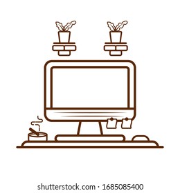 Computer Office On Table Vector Illustration. Doodle for kids, Cute, Simple, Cartoon, Drawing, Kids. Suitable for Book, Drawing, Sketch, Doodle, Illustration, Vector Illustration