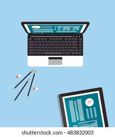 computer with office related icons 