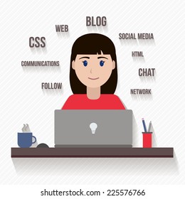 Computer office woman with notebook. Flat style vector illustration.