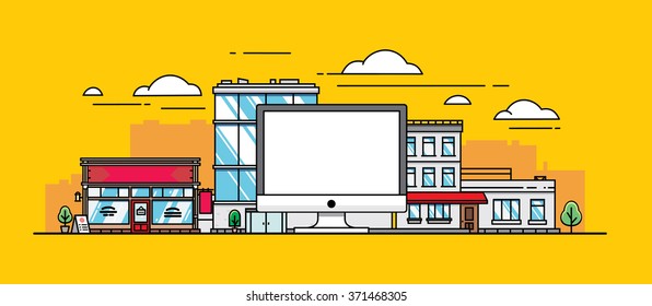 the computer on background of the city in a flat style
