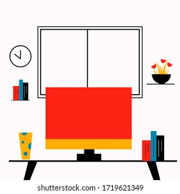 computer on black desk, work place flat vector colorful illustration, work space concept illustration, room interior flat vector style