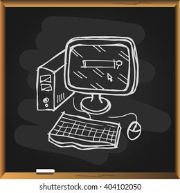 Computer on blackboard background. Free hand drawn. Vector illustration. 