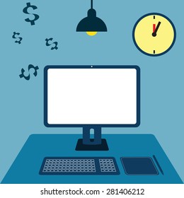 The computer on the desk.The concept overtime work