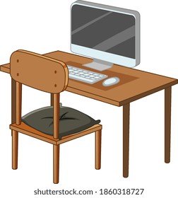 Computer on desk isolated on white background illustration