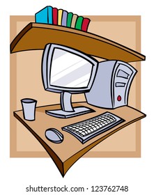 Computer on desk with shelf