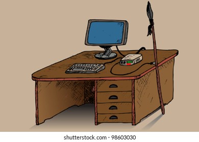 A computer on a desk and a wild javelin