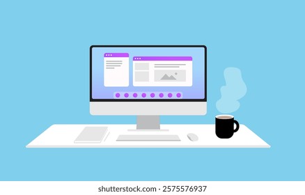 Computer on the desktop with opened windows. Table with keyboard, mouse and a cup of hot beverage on it. Simple business vector illustration of a workspace.