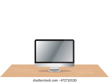 computer on office desk and space background