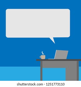 Computer on office desk with speech bubble in trendy flat style isolated on blue background for technology and business concept. Vector illustration.