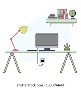 Computer on a table with bookshelf, succulent and table lamp