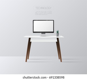Computer on table with cactus, Lamp, Books and frame and other accessories on wall in room. Modern Interior Vector design. Minimal style.