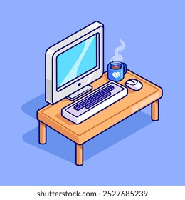 Computer On Table With Coffee Cartoon Vector Icon Illustration. Technology Drink Icon Concept Isolated Premium Vector. Flat Cartoon Style