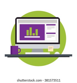 Computer on the table, cup, mouse and note with diagram on the screen.