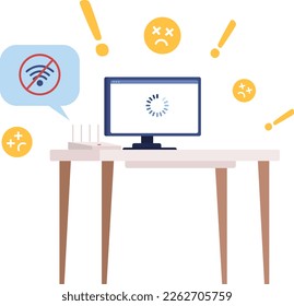 Computer on table with failed internet connection semi flat color vector objects. Editable elements. Full sized items on white. Simple cartoon style illustration for web graphic design and animation