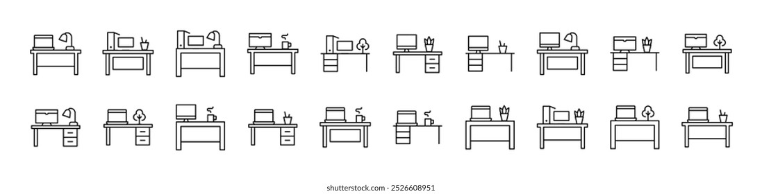 Equipo en el conjunto de iconos de mesa para UI, carteles, libros, App. Trazo Editable. Conveniente para los Sitios web, libros, tarjetas, App