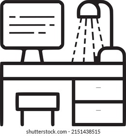 Computer on table line icon. Stylish workplace vector icon, lamp and table, eps