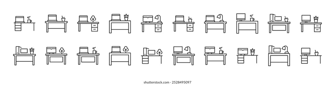 Computer on Table Related Icon Set. Editable Stroke. Suitable for Web Sites, Books, Cards, Apps 