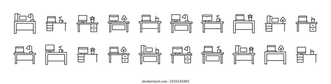 Computer-on-Table-Symbole für Websites, Bücher, Karten, Apps. Bearbeitbarer Strich. Geeignet für Webseiten, Bücher, Karten, Apps