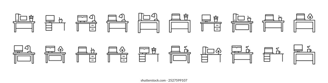 Computer on Table Simple Isolated Line Icons Collection. Editable Stroke. Suitable for Web Sites, Books, Cards, Apps