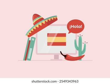 Computador na mesa com sombrero e bandeira espanhola. Conceito de estudo online em língua estrangeira. O texto " ¡Hola!" em espanhol significa "Olá!". Ilustração vetorial em estilo plano.