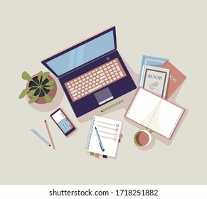 Computer on the table with textbooks or books, notebook phone, pens, pencils and indoor flower. The view from the top. Illustration for home distance learning. The process of solving school lessons