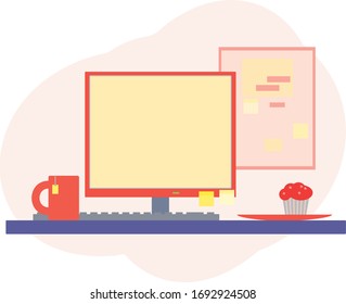 Computer on a table top with keyboard and monitor, cake on plate and cup with tea. Vector element. Working place with note board on wall.