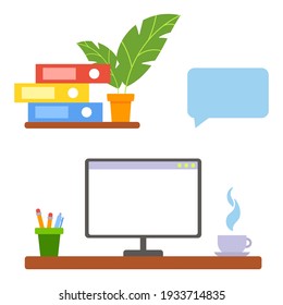 The computer is on the table. Workplace. Work from home. Office desk. Education, study, freelance. Vector illustration in flat style isolated on white background.