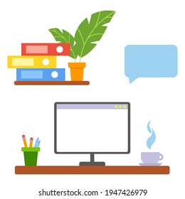 The computer is on the table. Workplace. Work from home. Office desk. Education, study, freelance. Vector illustration in flat style isolated on white background.