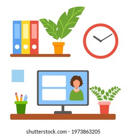 The computer is on the table. Workplace. Work from home. Office desk. Education, study, freelance. Vector illustration in flat style isolated on white background.