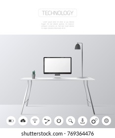 Computer on tablet with technology icons. Technology concept.