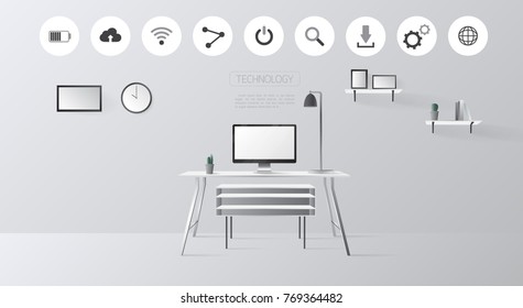 Computer on tablet with technology icons. Technology concept.