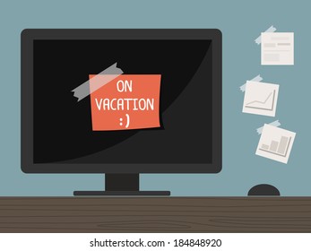 computer with on vacation note vector