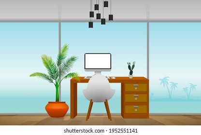 ordenador en la mesa de madera y silla blanca en la casa de la playa en verano